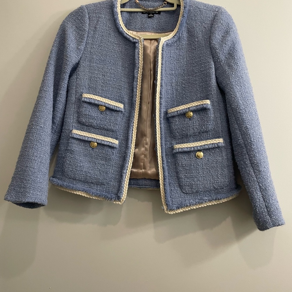 Timeless Blue Tweed Blazer with Cream Trim